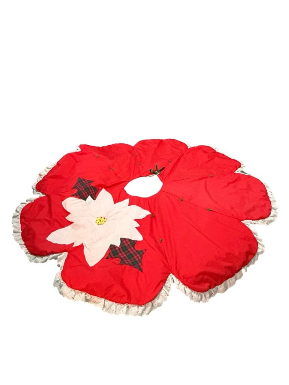 Vintage Handmade Christmas Tree Skirt 58" Poinsettia Plaid Holly Eyelet Lace